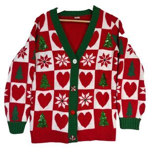 Ugly Christmas Holiday Sweater Button‎ Up Cardigan Red Sequin Trees Sz S (4-6)